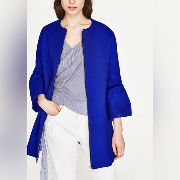 Zara Above Knee Length Full Zip Coat with Bell Ruffled Sleeves in Blue Size M - Picture 2 of 6